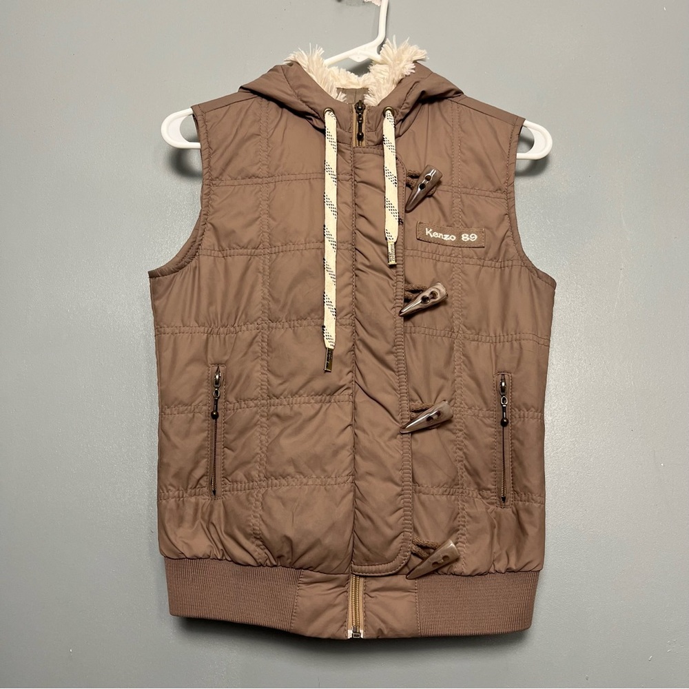 Kenzo Quilted Vest Toggle Closures Y2K Brown Tan Hooded Faux Fur Women’s Size S